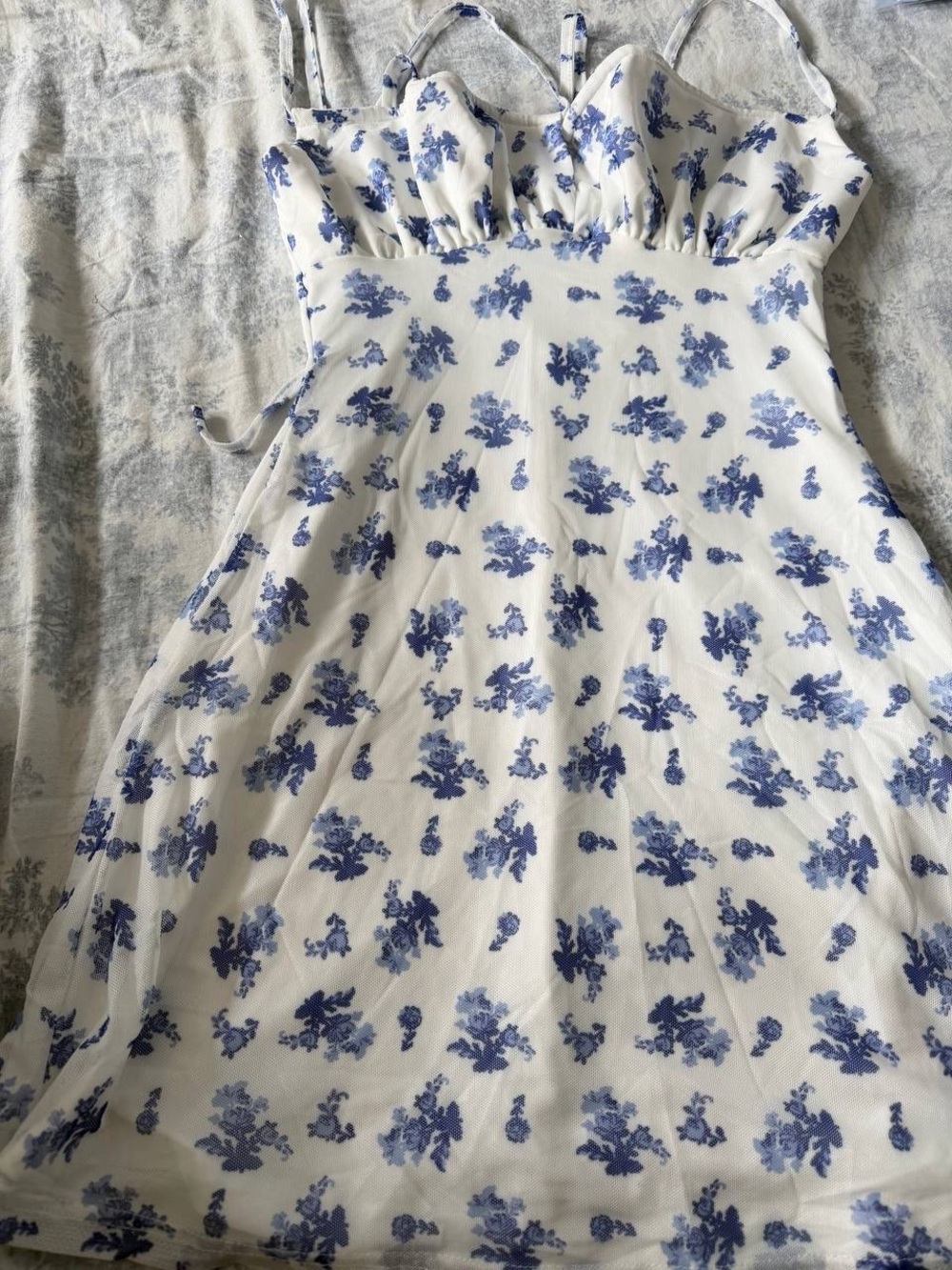 MESH SCOOP NECKLINE FLORAL KNOTTED MINI DRESS XS - Picture 5 of 9